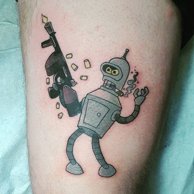 Cartoon tattoo of Bender with machine a gun