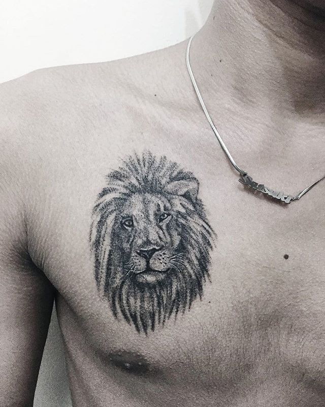 Dot work tattoo of a lion on the right side of a chest
