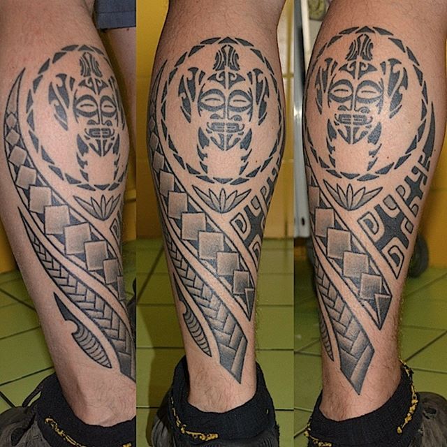 Maori tattoo of a turtle on the calf