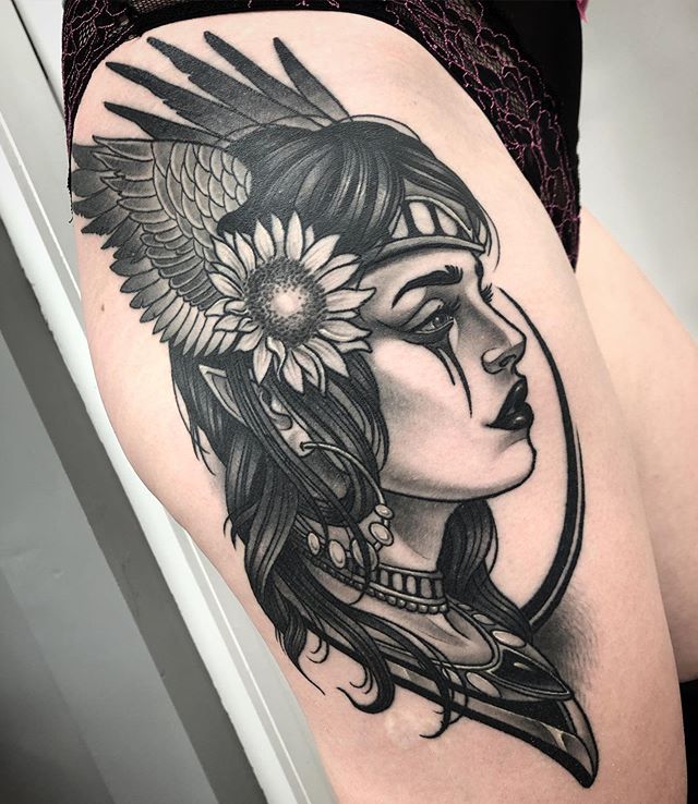 Neotraditional tattoo of a female warrior on the right leg
