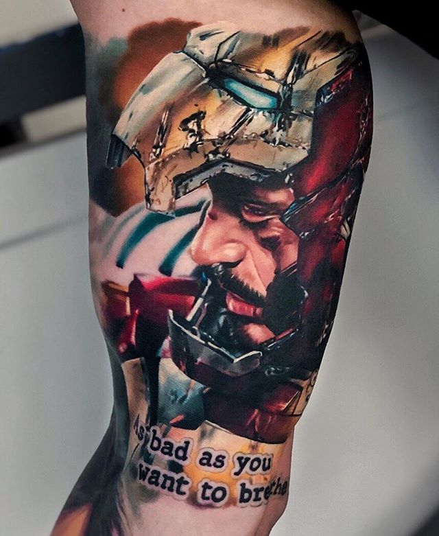 Realistic tattoo of Iron Man on the left arm