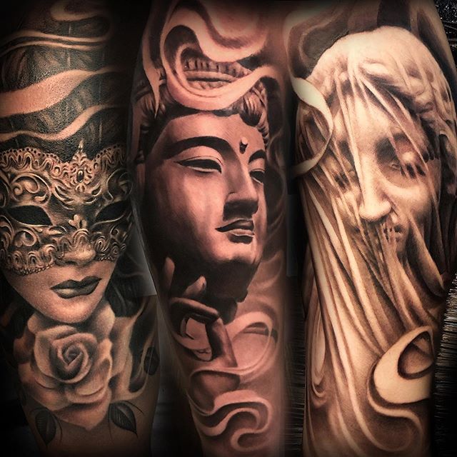 Realistic tattoo of Buddha, a woman in a mask and an angel on arms