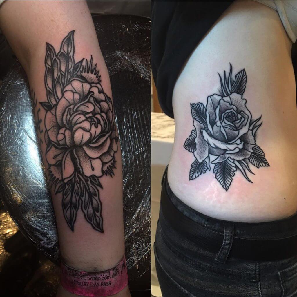 Black Rose tattoo on the ribs and left forearm