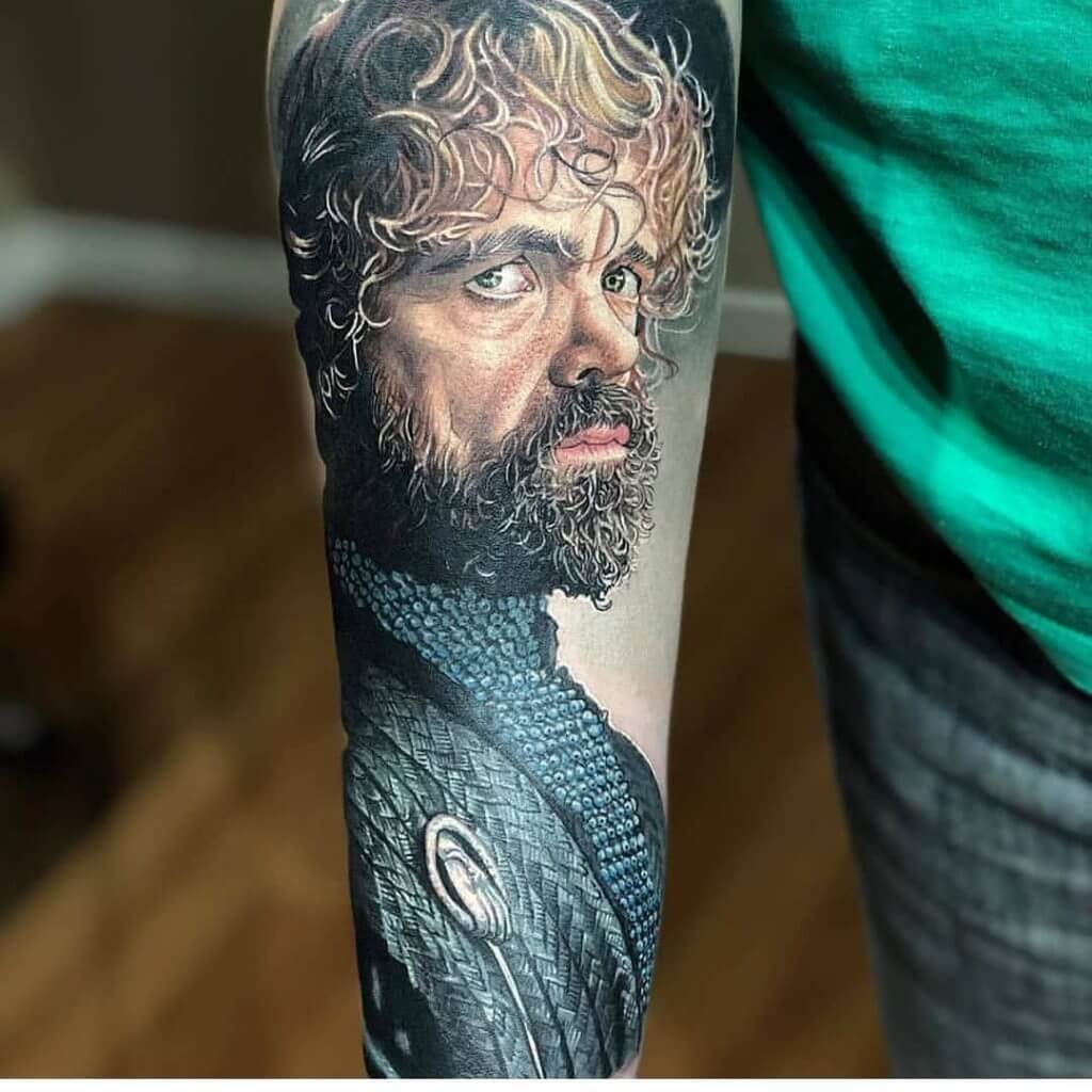 3D Color tattoo of Tyrion on the right forearm
