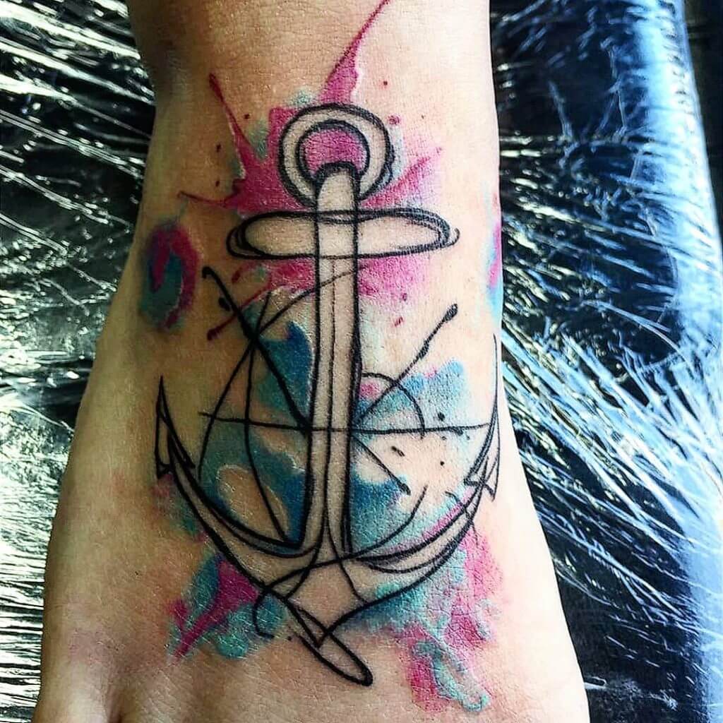 Watercolor Anchor tattoo on the foot