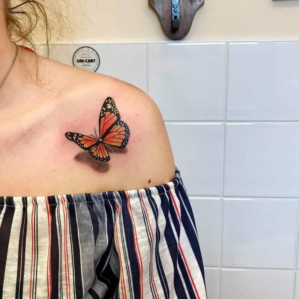 3D Color tattoo of a butterfly on the left shoulder