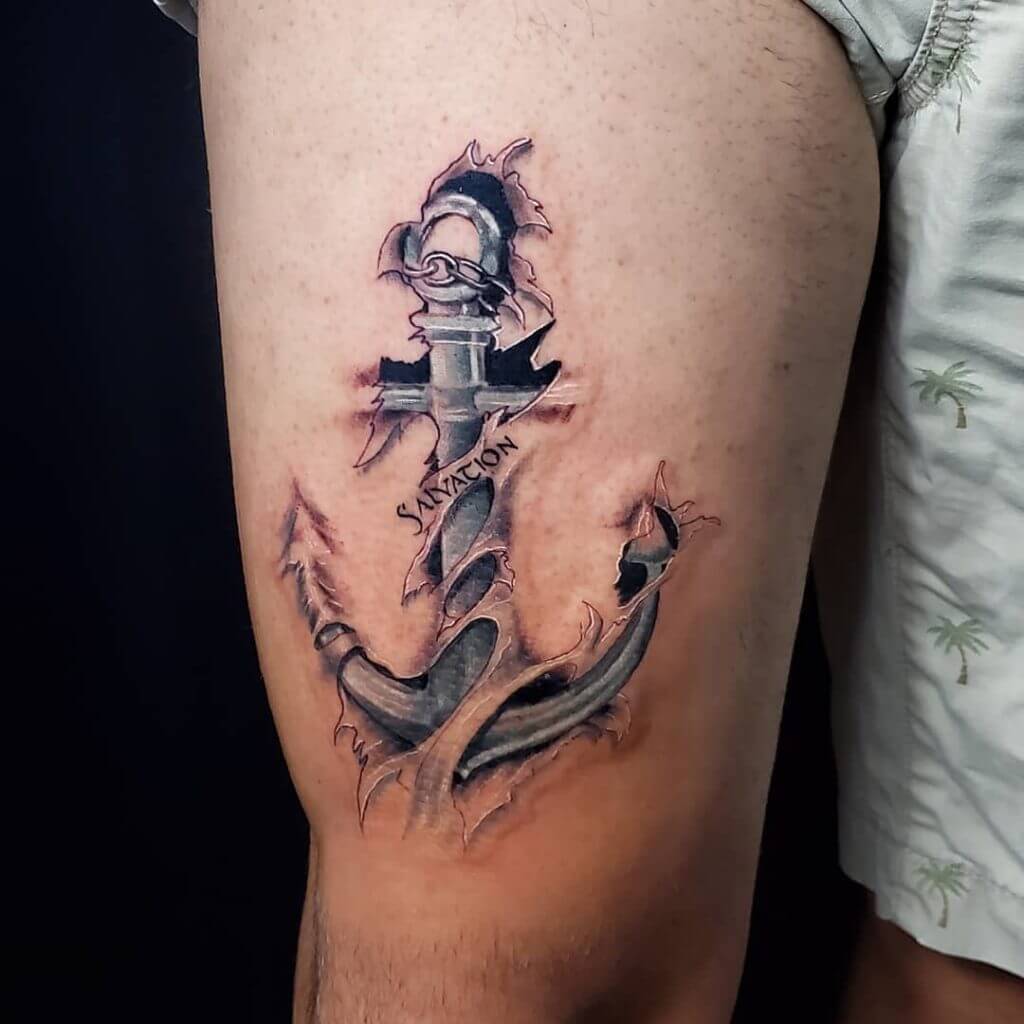 3D Anchor tattoo on the right thigh