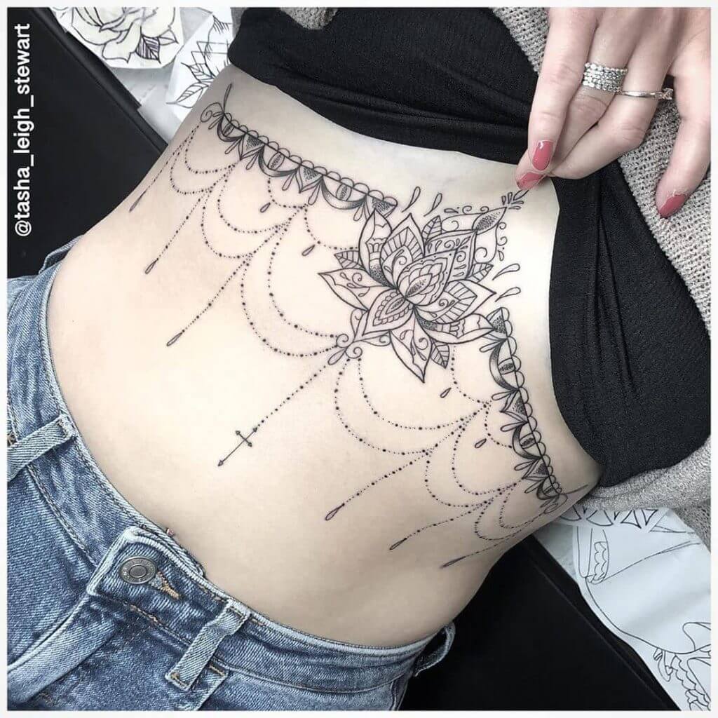 Black Female tattoo of a Mandala rose on the chest