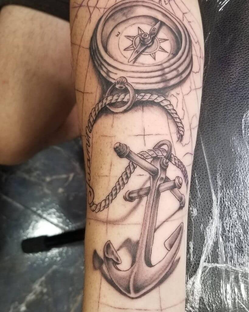 Black and Gray Anchor tattoo with a compass on the calf