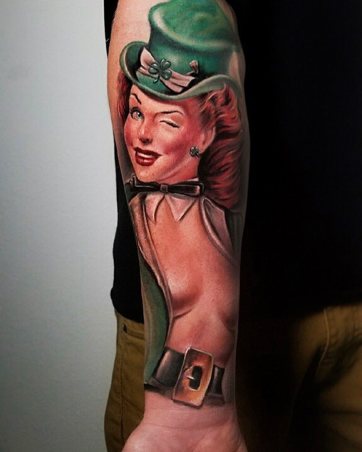 3D tattoo of a woman on the right forearm