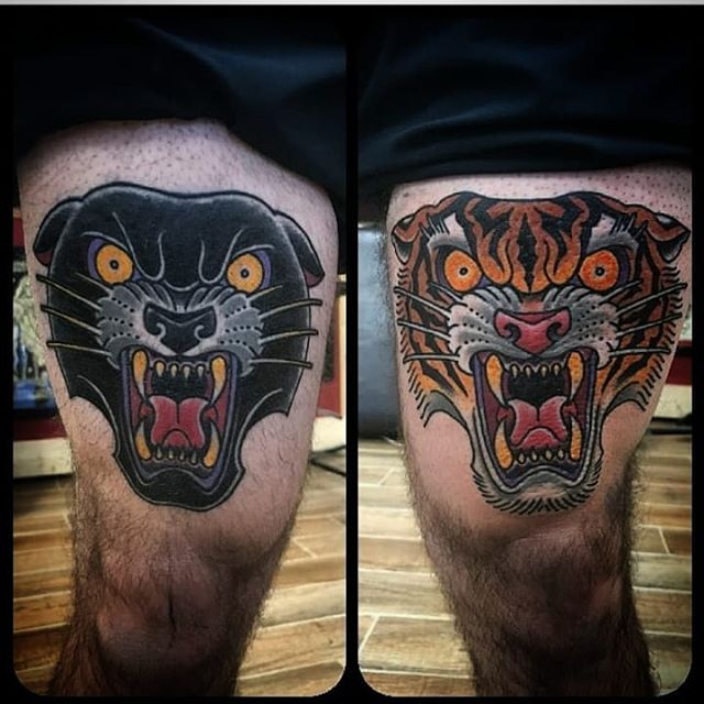 Traditional color tattoo of a Panther and a Tiger's head on the legs