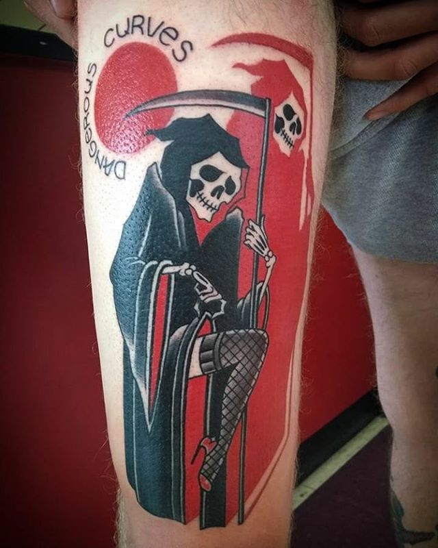 Traditional color tattoo of dangerous curves and of the death with a scythe in the arm