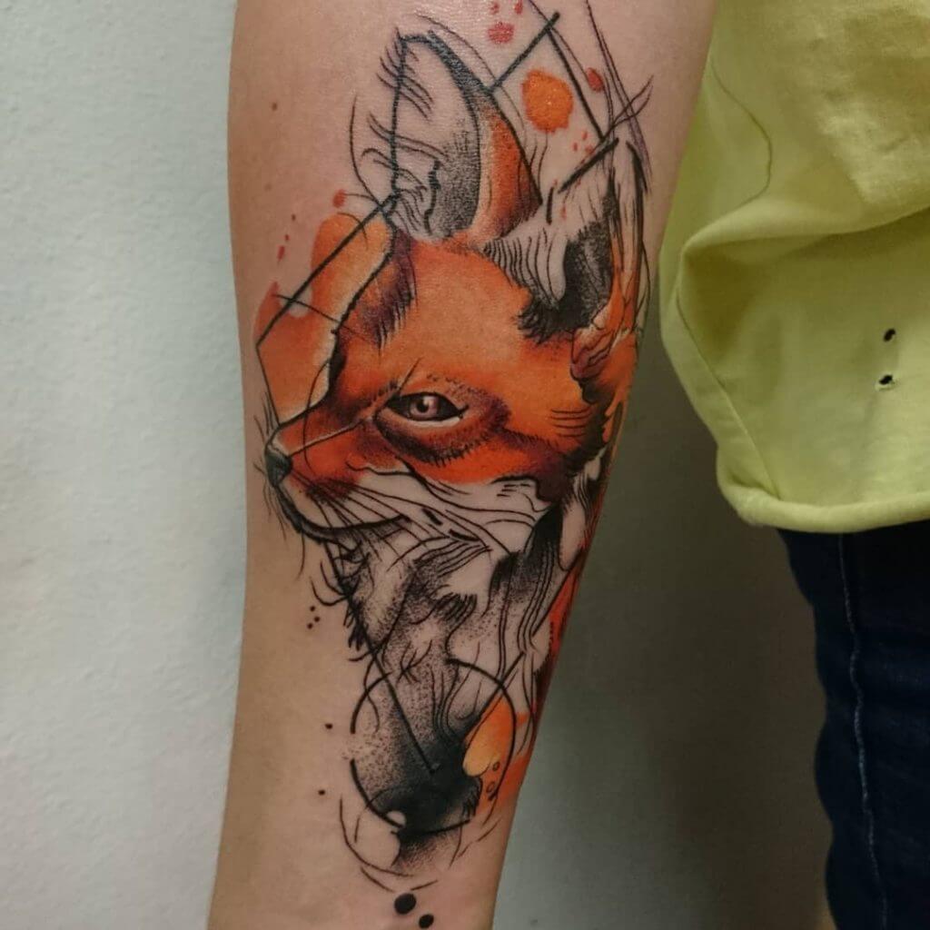 Color Animal tattoo of a fox on the right forearm