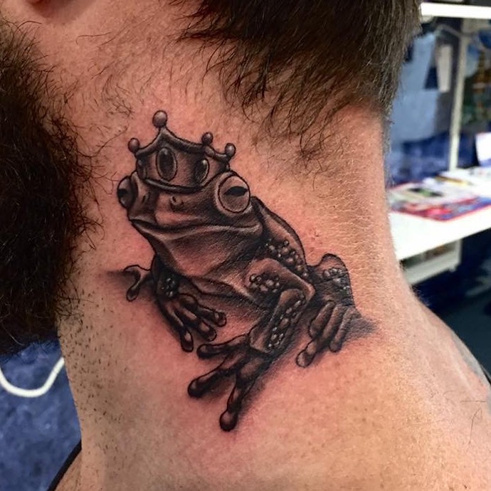 Black Animal tattoo of a frog on the neck