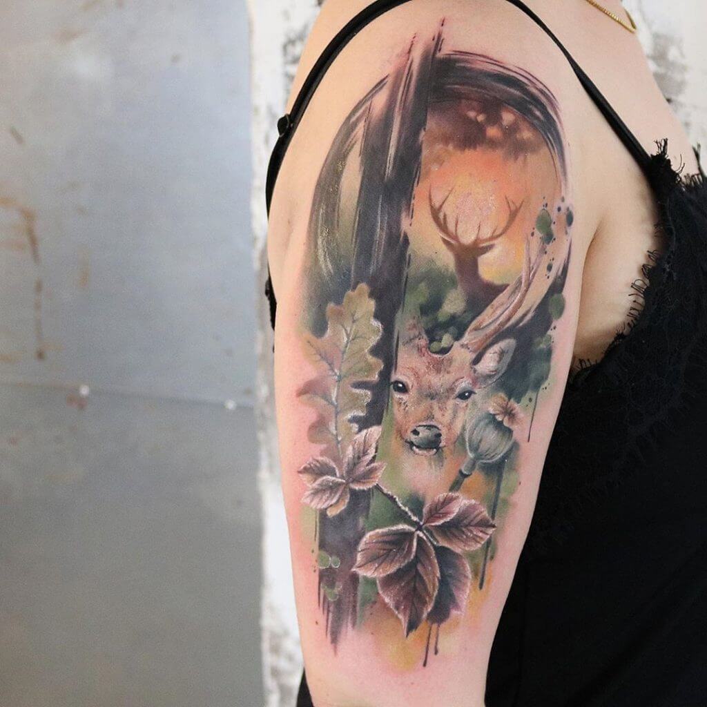 Color Animal tattoo of a deer on the right arm