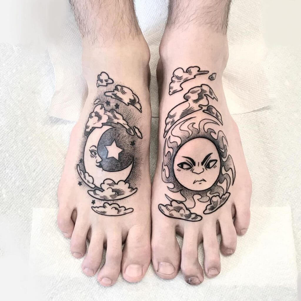Black Sun tattoo with a moon on the feet