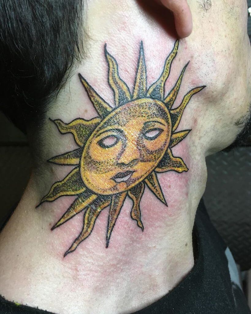 Color Sun tattoo on the neck