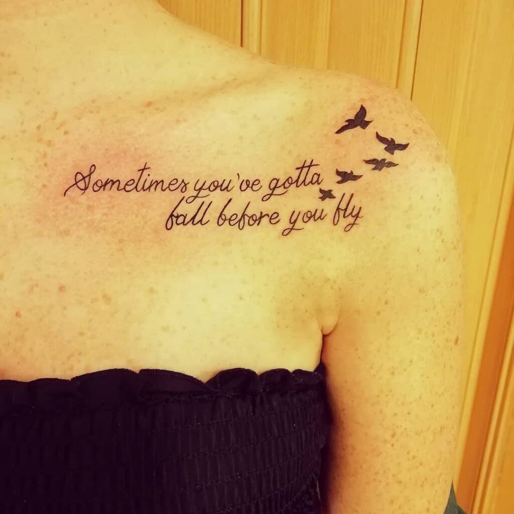 Lettering tattoo for women with the text and birds on the left collar bone