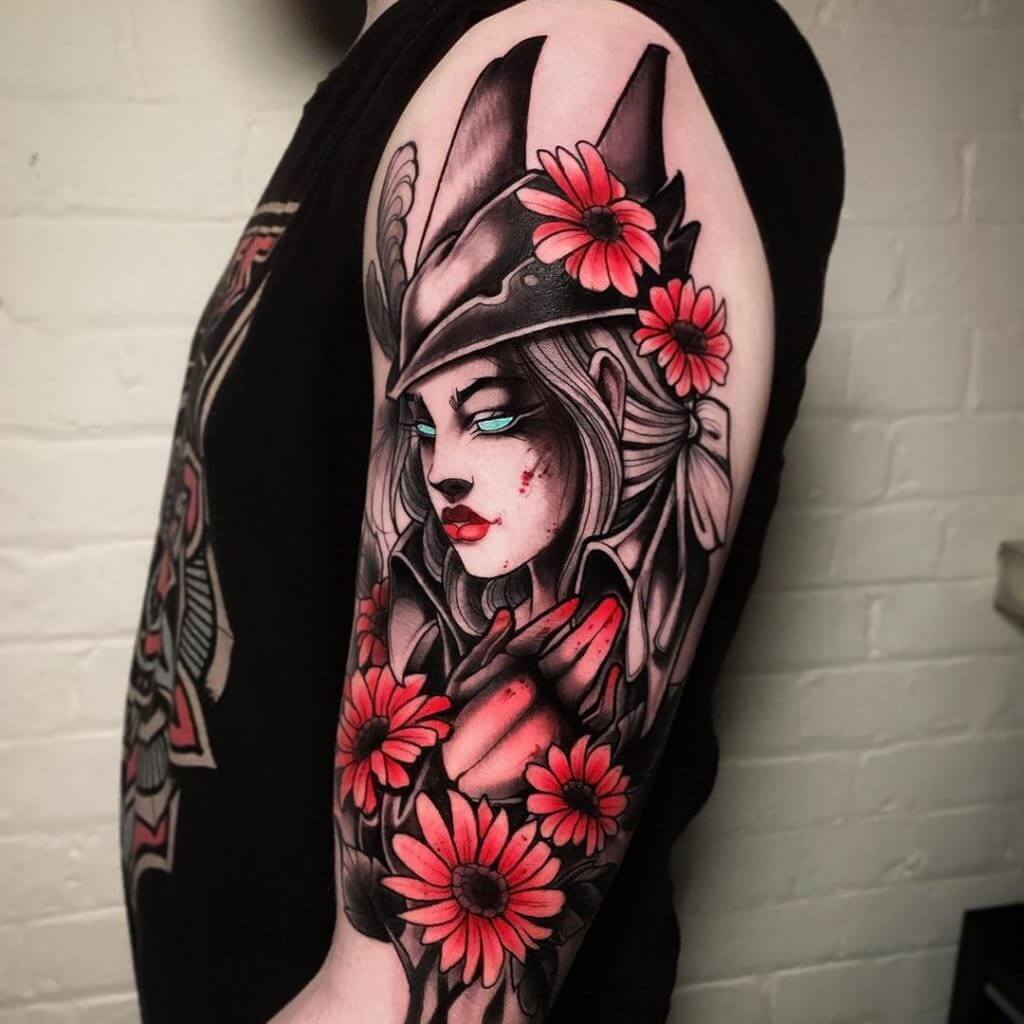 Mens neotraditional tattoo of a woman with red flowers , on the left arm