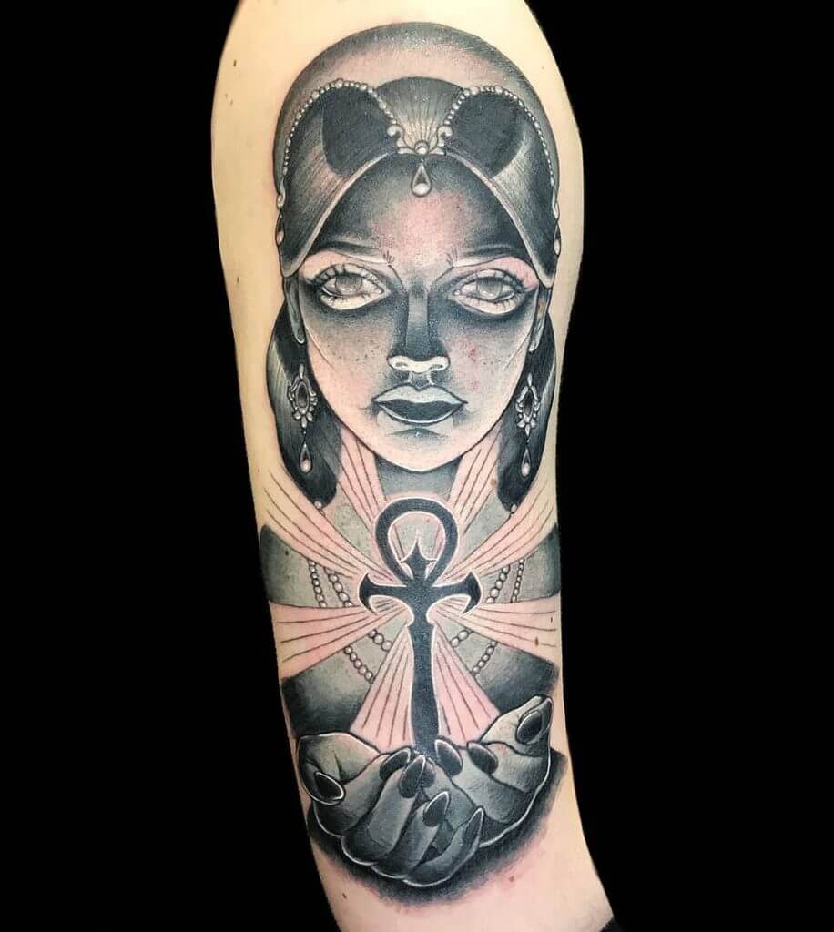 Womens neotraditional tattoo of a woman on the arm