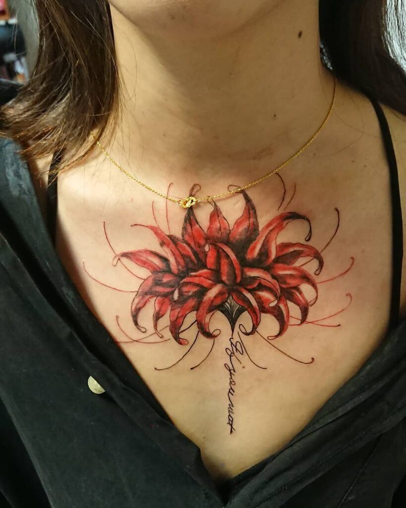 Neo traditional color tattoo for woman of a flower on the chest