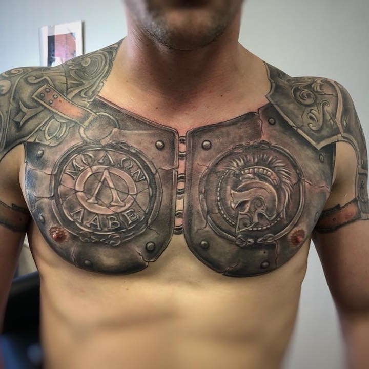Gladiator armor tattoo on the chest