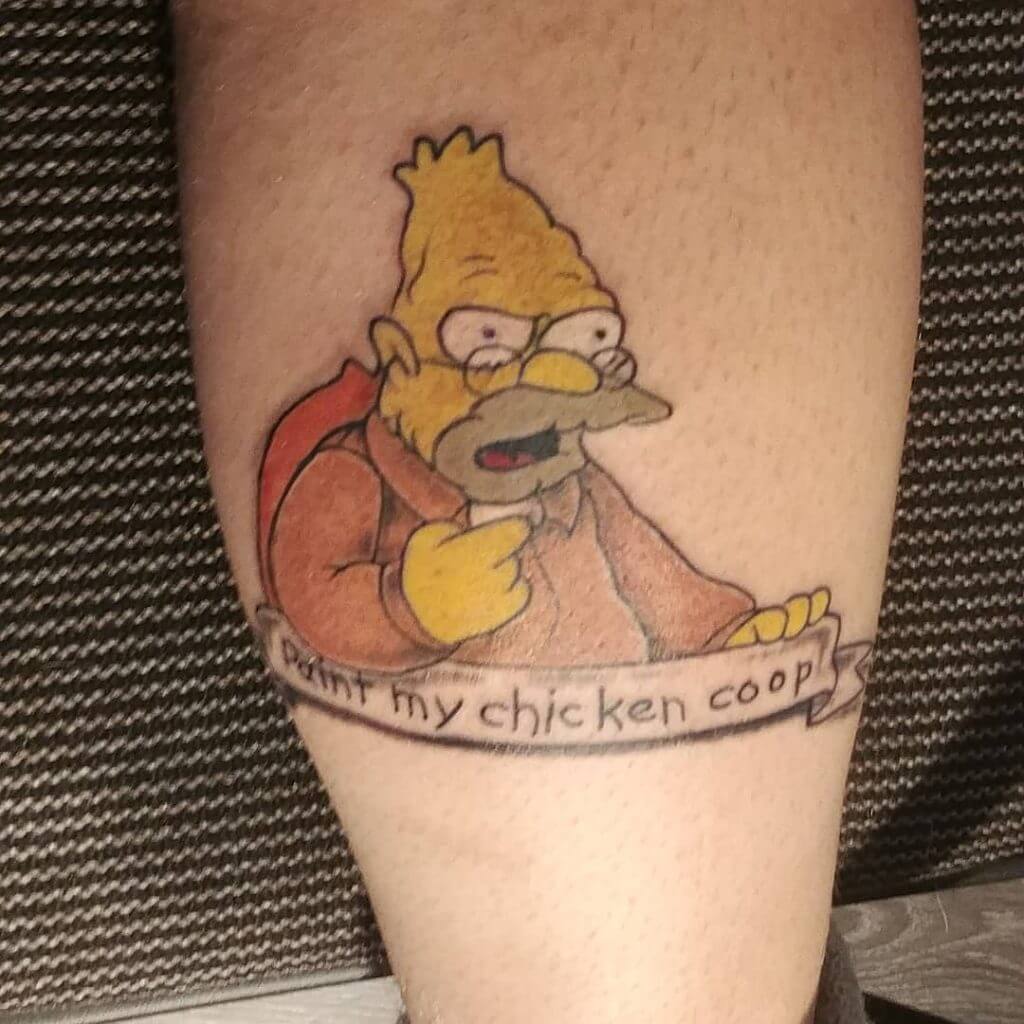 Color cartoon tattoo for men of Abraham Jay‑Jedediah "Abe" Simpson II on the calf