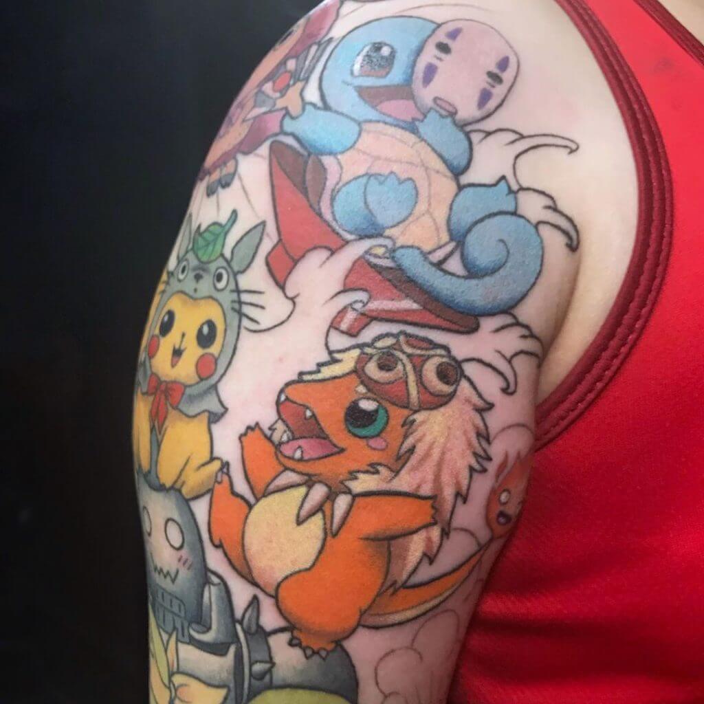 Color cartoon tattoo for men of Pokemons on the right shoulder