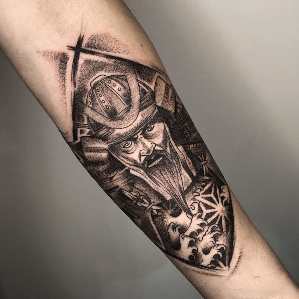 Men black and gray dotwork tattoo of Genghis Khan on the left forearm