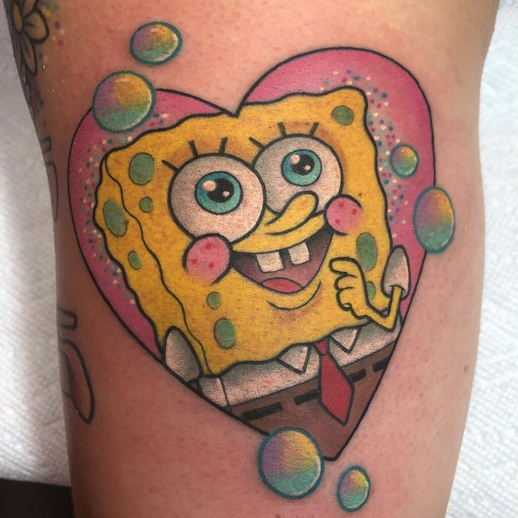 Women color cartoon tattoo of SpongeBob