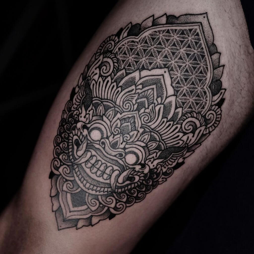 Men black and gray dotwork tattoo on the right thigh