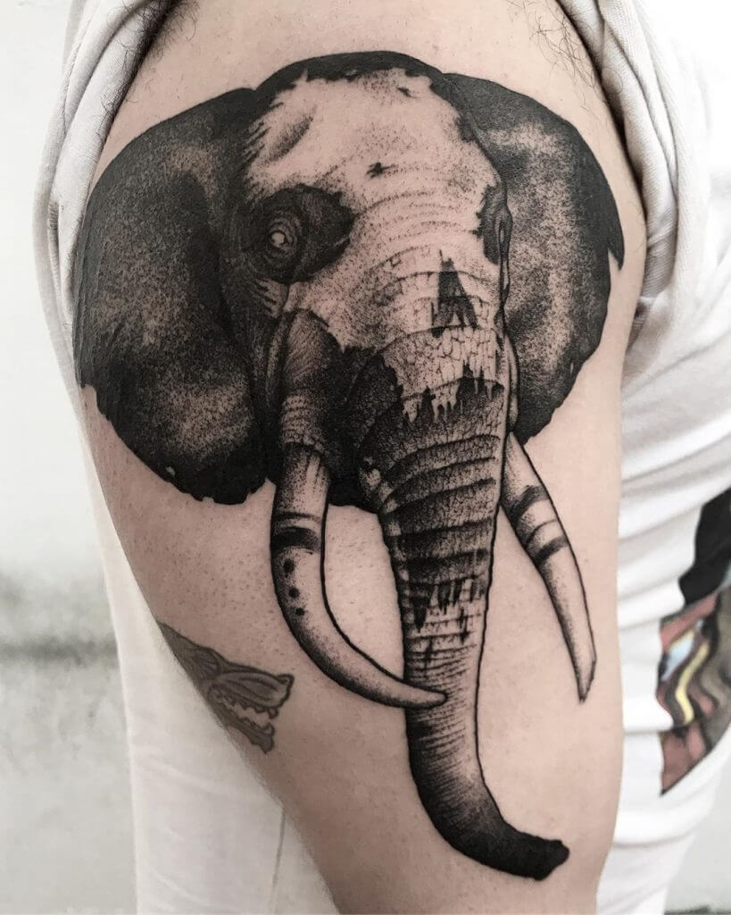Men black and gray dotwork tattoo of an elephant on the right shoulder