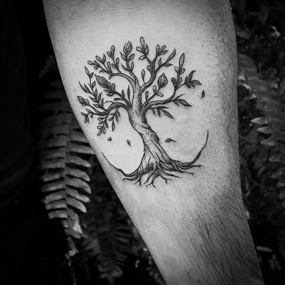 Men black dotwork tattoo of a tree on the calf