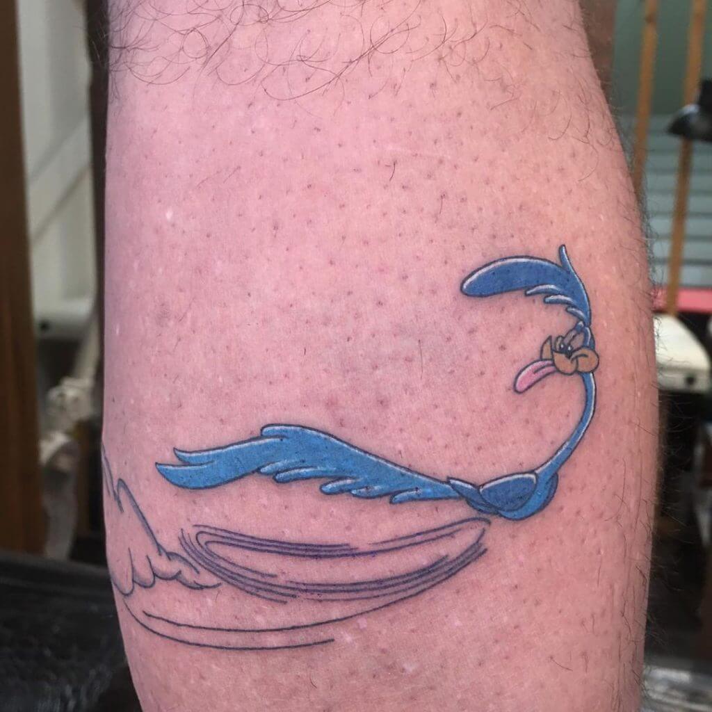 Color cartoon tattoo for men of Road Runner on the calf