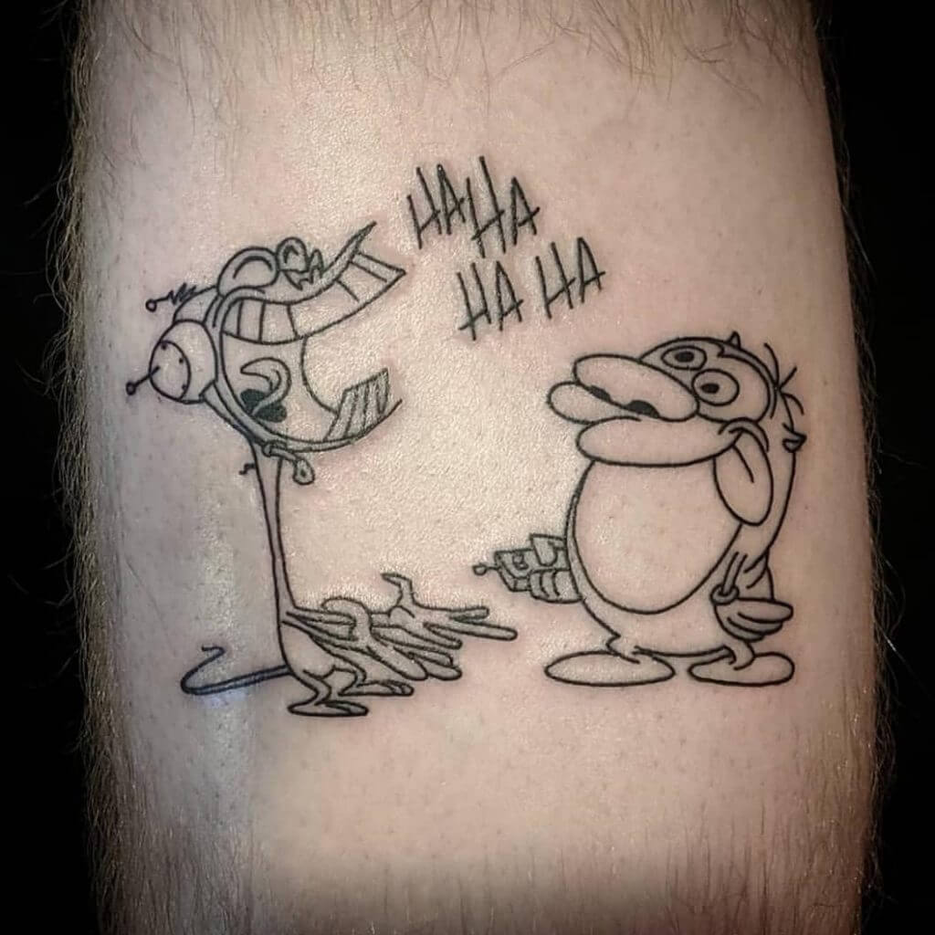 Mens balack cartoon tattoo on the right calf