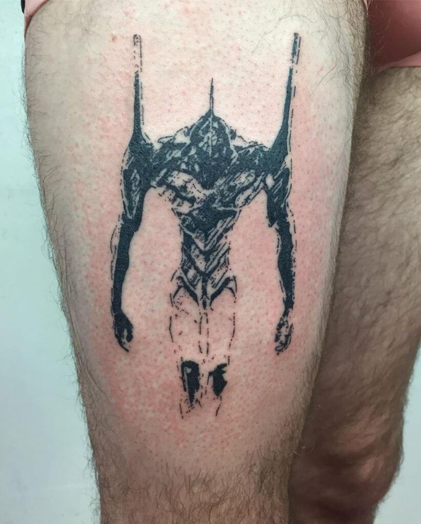 Men black dotwork tattoo of an alien on the right thigh