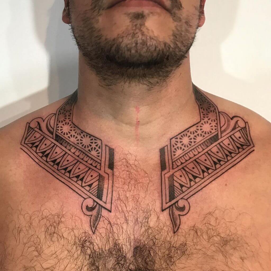 Men black dotwork tattoo around a neck