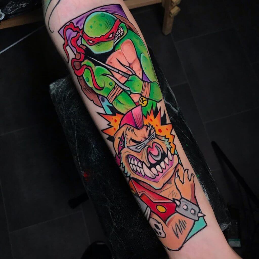 Color cartoon tattoo for men of ninja turtle Raffaello and Bebop on the right forearm