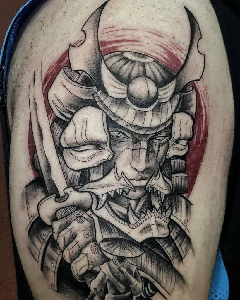 Black samurai tattoo on the right shoulder