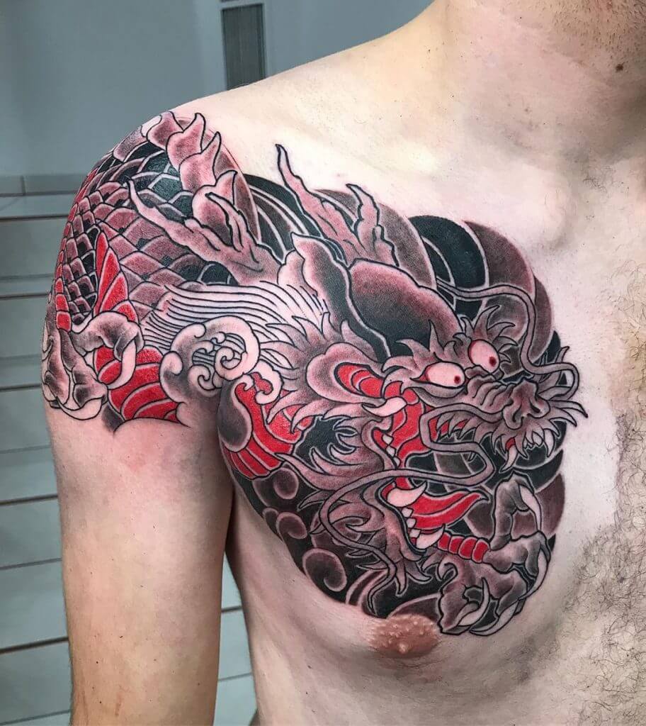 Color dragon tattoo for man on the right side of the chest