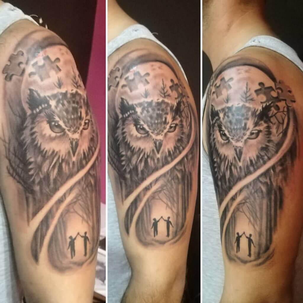 Black owl tattoo for men on the left shoulder