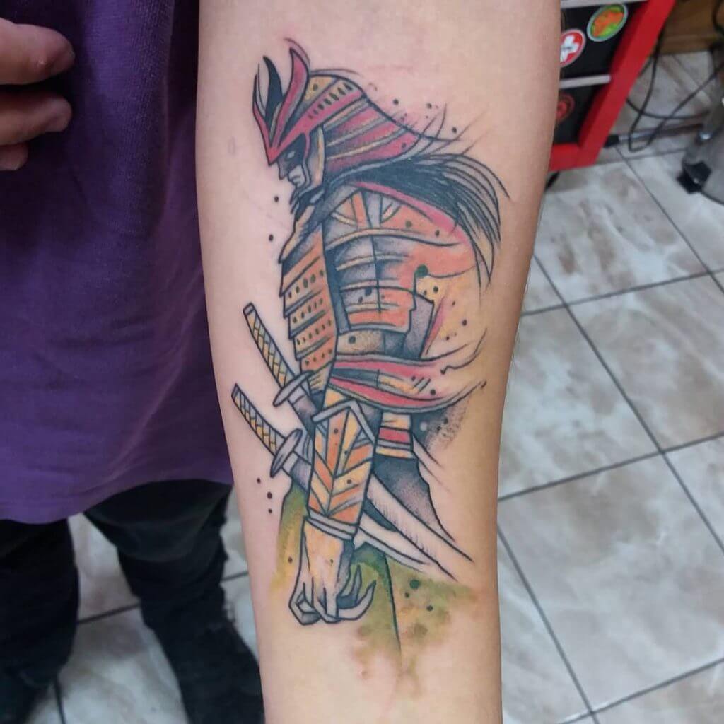 Color forearm samurai tattoo