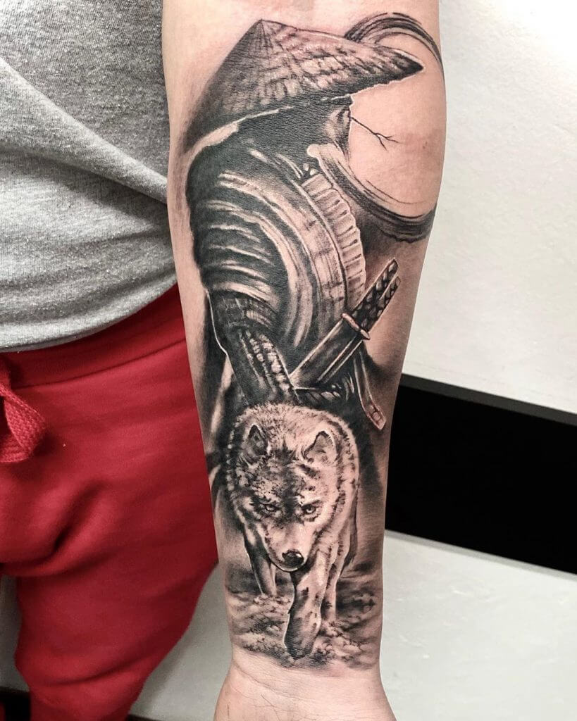 Forearm samurai tattoo with a wolf