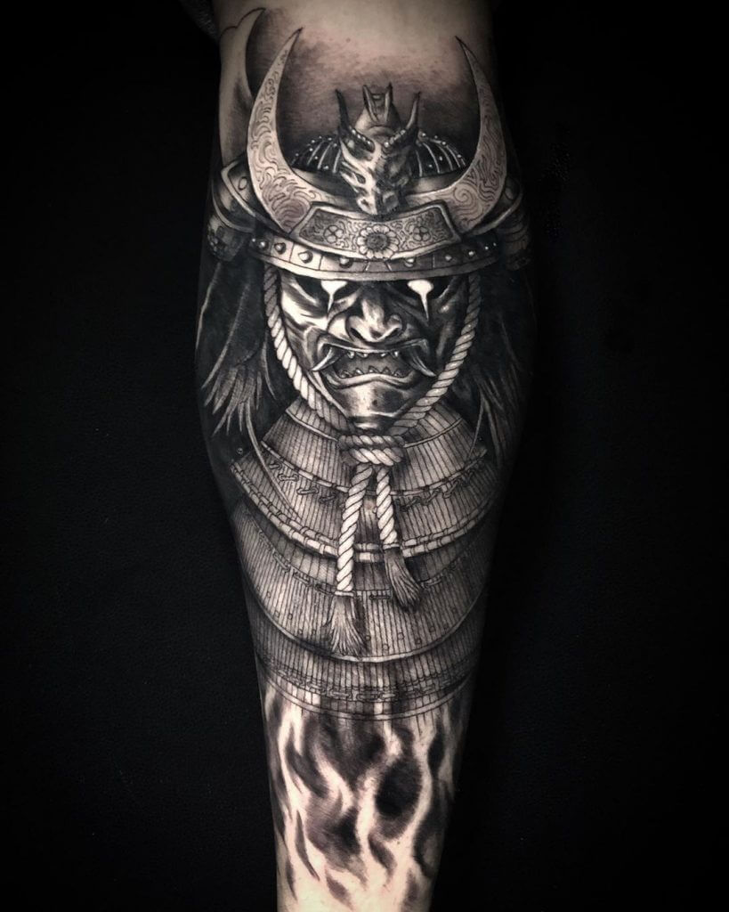 Black samurai mask tattoo
