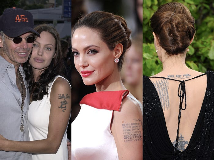 Angelina Jolie has an arm tattoo featuring the coordinates of where her children were born She covered an old tattoo of her ex husbands name with this tattoo