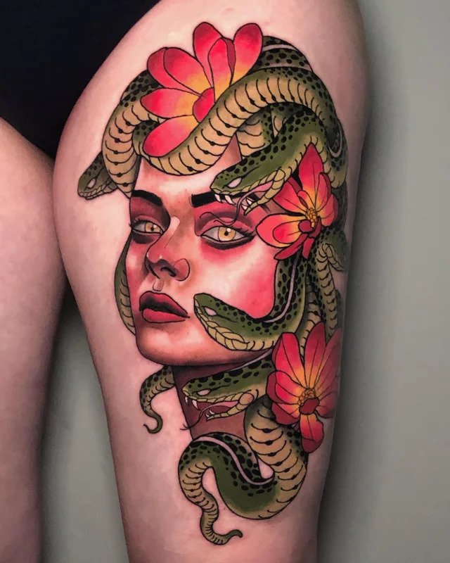 Greek mythology and Medusa are very popular tattoos and especially  beautiful when they are inked in color