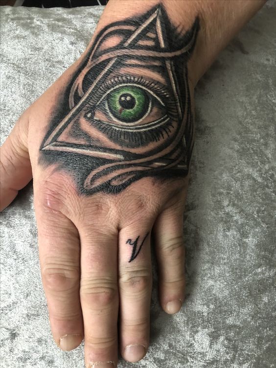 All seeing eye tattoo on hand with astonishing appearance