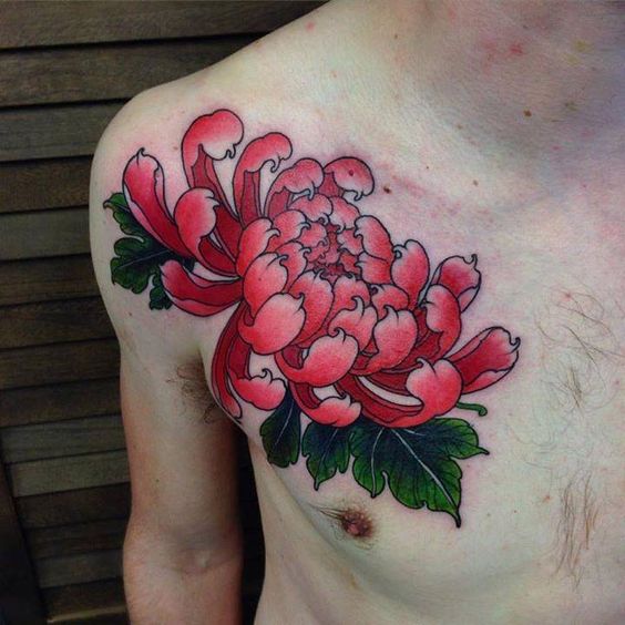 Red chrysanthemum tattoo on the chest