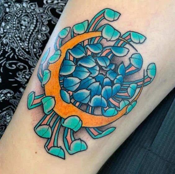 Forearm Blue chrysanthemum tattoo with a moon