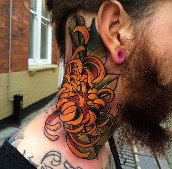Neck brown chrysanthemum tattoo
